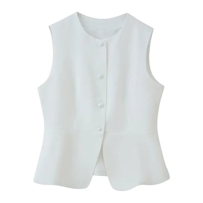 white workwear vest women, tailored peplum vest women outfit, sleeveless blazer vest outfit women, White peplum vest top women, smooth structured fabric with tailored waist fit and subtle flare, button front sleeveless silhouette, white peplum vest outfit women, perfect for summer workwear, minimalist chic outfit.