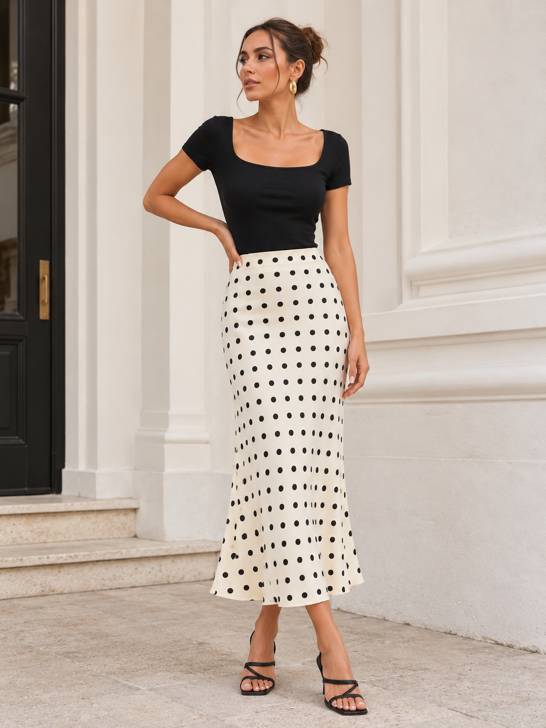 White polka dot fishtail midi skirt with a fitted waist and graceful flare, styled as an elegant garden party skirt for a feminine summer outfit with classic polka dot charm and refined appeal.