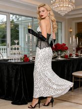 Load image into Gallery viewer, White polka dot halter dress in white base polka dot print skirt with deep V plunge halter neckline, white polka dot halter for cocktail, created for polished cocktail evening dressing, and evening parties.