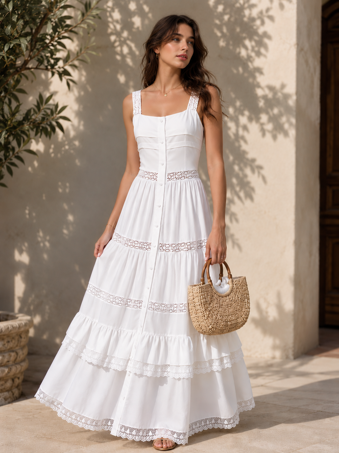 White ruffle tiered maxi dress featuring a structured A line bodice, pintucks design with button front. flowing tiered maxi dress silhouette, scalloped lace trim, and a hidden front slit, styled as a bridal shower dress for engagement parties, romantic vacations, and elegant daytime occasions.