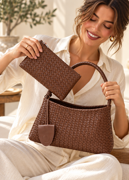 Brown woven shoulder bag featuring a relaxed slouchy hobo shape, dimensional basket weave construction and braided strap, designed as a textured everyday handbag with matching pouch for tailored outfits, travel and city style.
