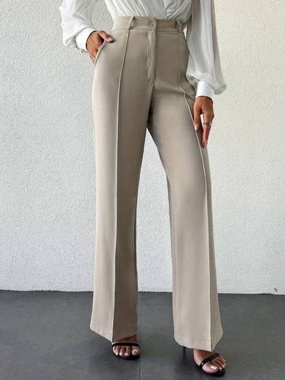 Women’s column wide-leg trousers with center crease, high waist neutral beige tailored office pants, business casual wardrobe essential.