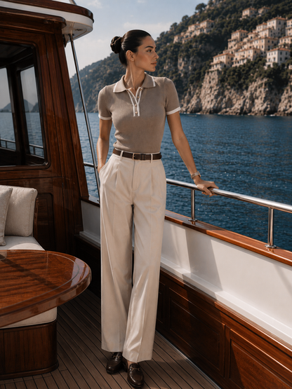Women's contrast trim ribbed polo top styled for business casual wardrobes with tailored trousers, loafers, and structured accessories for polished office dressing. ribbed polo shirt with contrast trim, button-front detail and fitted construction, connecting classic preppy fashion with quiet luxury styling  everyday and work outfits daily.