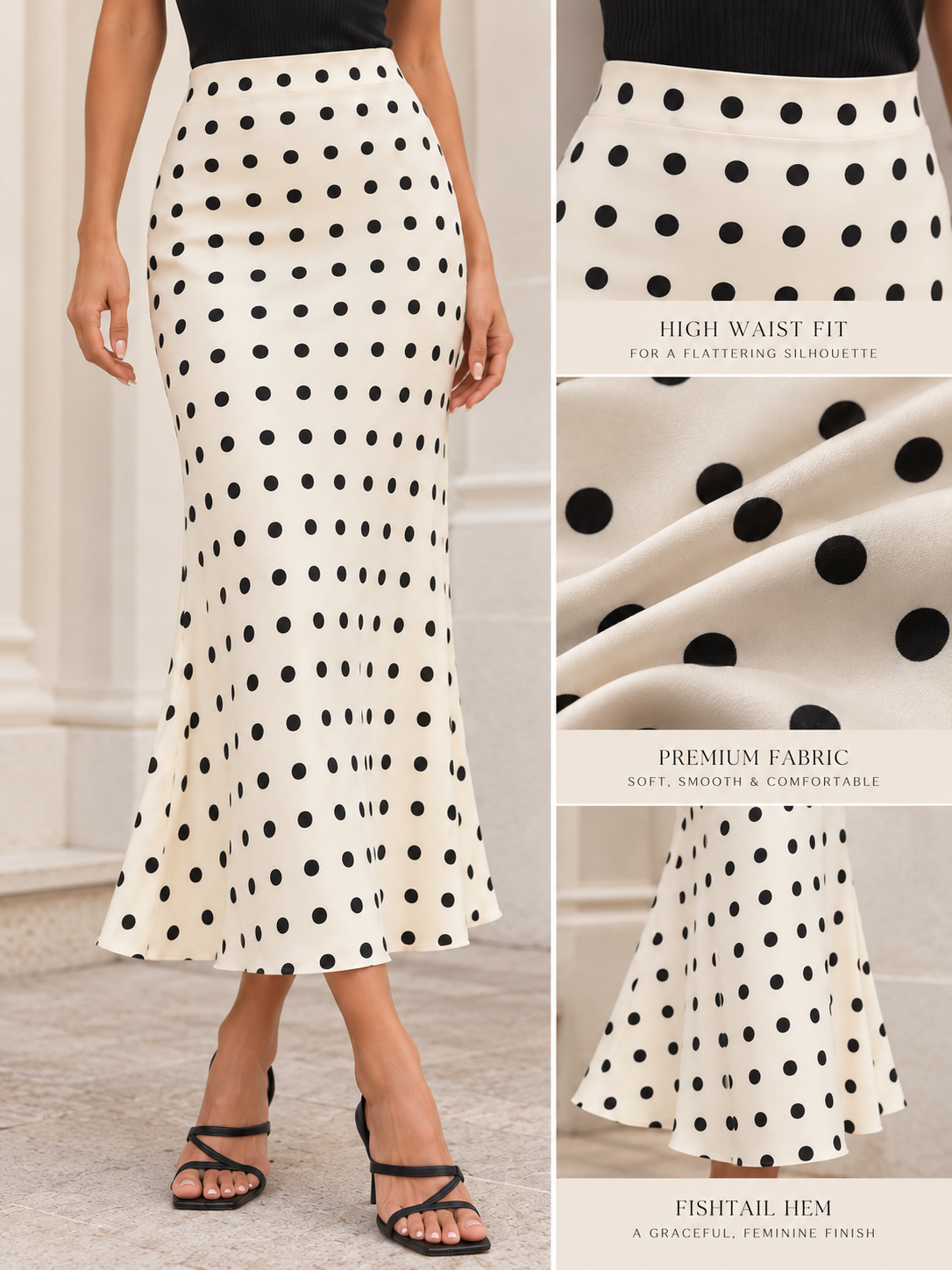 Women's polka dot fishtail midi skirt with a fitted waist-to-hip silhouette and flowing flared hem, a feminine monochrome piece that suits Parisian-inspired wardrobes, capsule dressing and polished occasions.