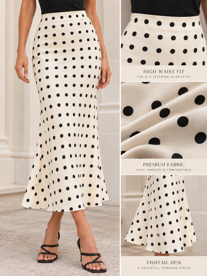 Women's polka dot fishtail midi skirt with a fitted waist-to-hip silhouette and flowing flared hem, a feminine monochrome piece that suits Parisian-inspired wardrobes, capsule dressing and polished occasions.