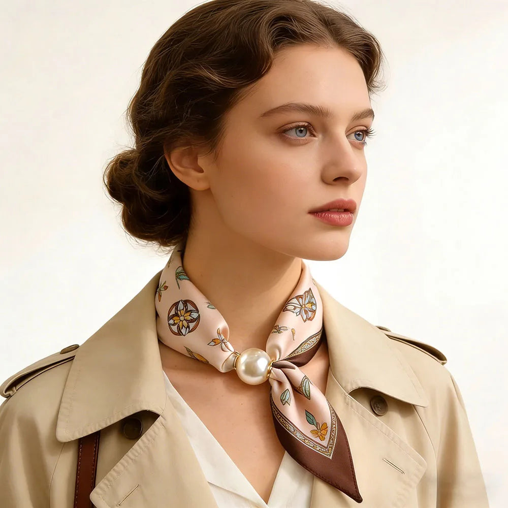 Women's printed faux silk neck scarf with a magnetic pearl closure, featuring a smooth silk-feel finish and elegant floral print for a polished everyday fashion accessory.