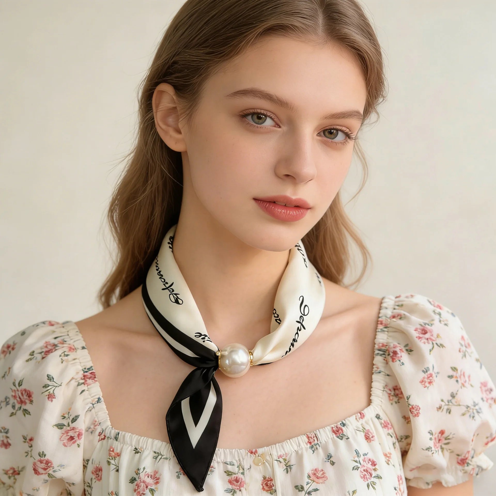 Women's printed scarf necklace with a soft silk-feel texture, decorative pearl clasp, and lightweight construction, designed as a modern no-tie neck scarf. black and white printed neck scarf for women.