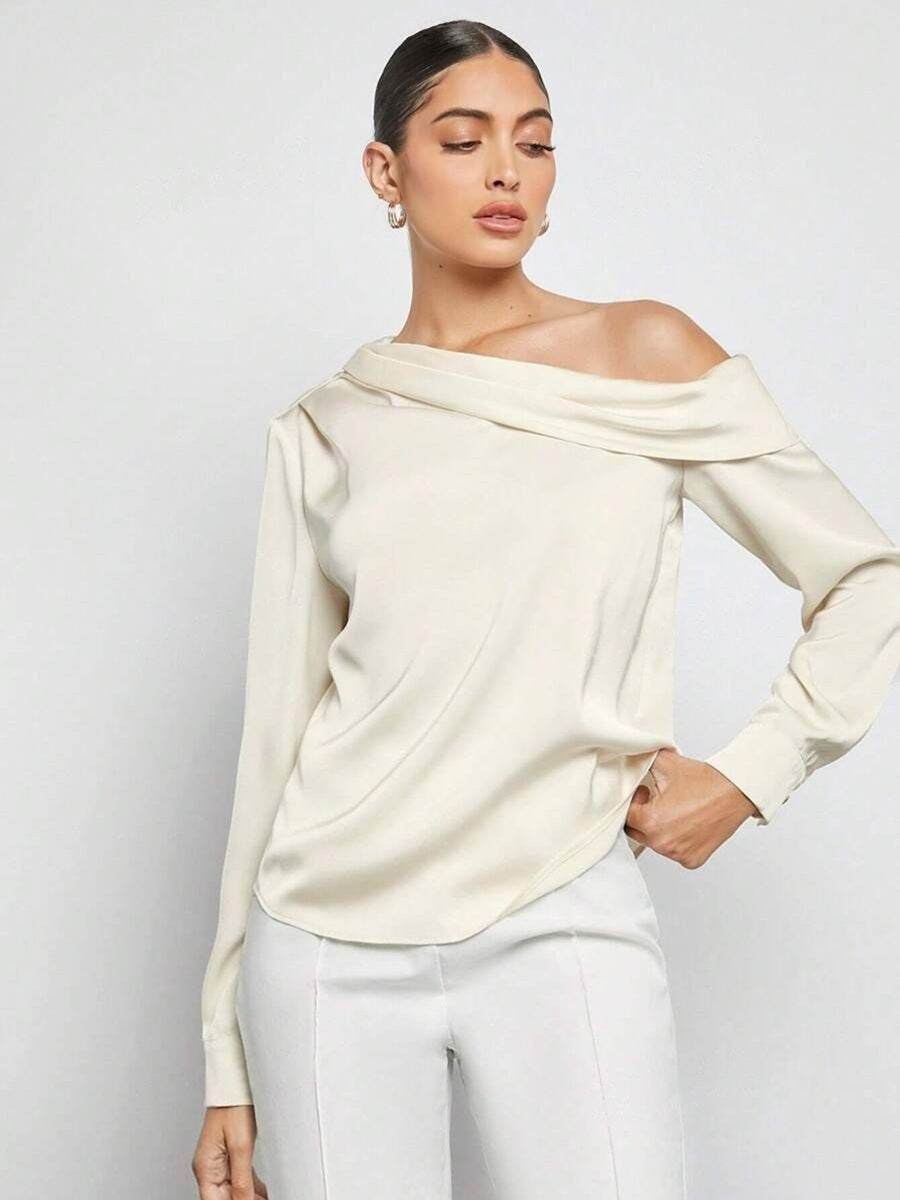 Ivory satin satin one-shoulder blouse women with refined silhouette quiet luxury cocktail blouse for women who love elevated evening wear, Women’s satin blouse one-shoulder style in ivory, long sleeve on one side and exposed shoulder on the other evening top satin women for date night.