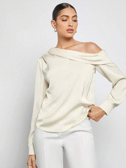 Ivory satin satin one-shoulder blouse women with refined silhouette quiet luxury cocktail blouse for women who love elevated evening wear, Women’s satin blouse one-shoulder style in ivory, long sleeve on one side and exposed shoulder on the other evening top satin women for date night.