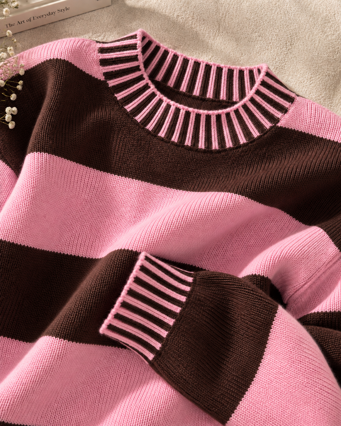 Women’s striped knit sweater in chocolate brown and blush pink, featuring a relaxed pullover silhouette, ribbed mock neckline and horizontal color block stripes, styled as retro inspired viscose knitwear for fall outfits and weekend dressing.