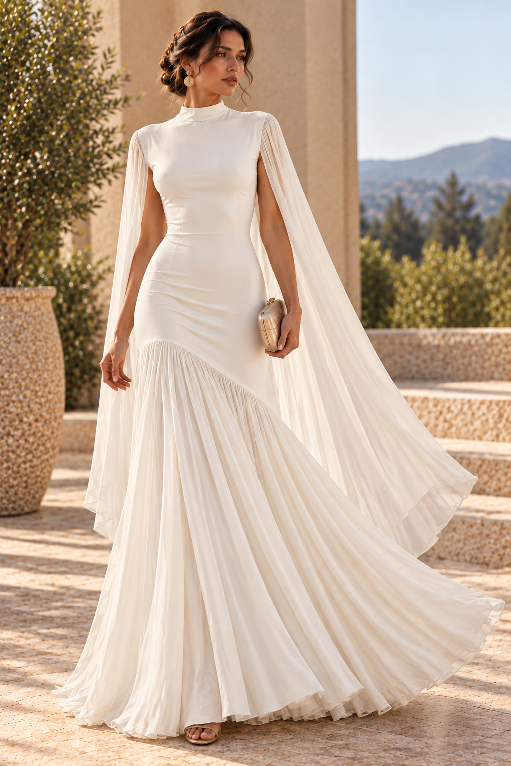 Pleated drape fit and flare dress, Women’s white cape sleeve evening gown with a fitted bodice, high neckline, flowing floor-length skirt and pleated drape, designed as an elegant formal dress for weddings, receptions and evening events.