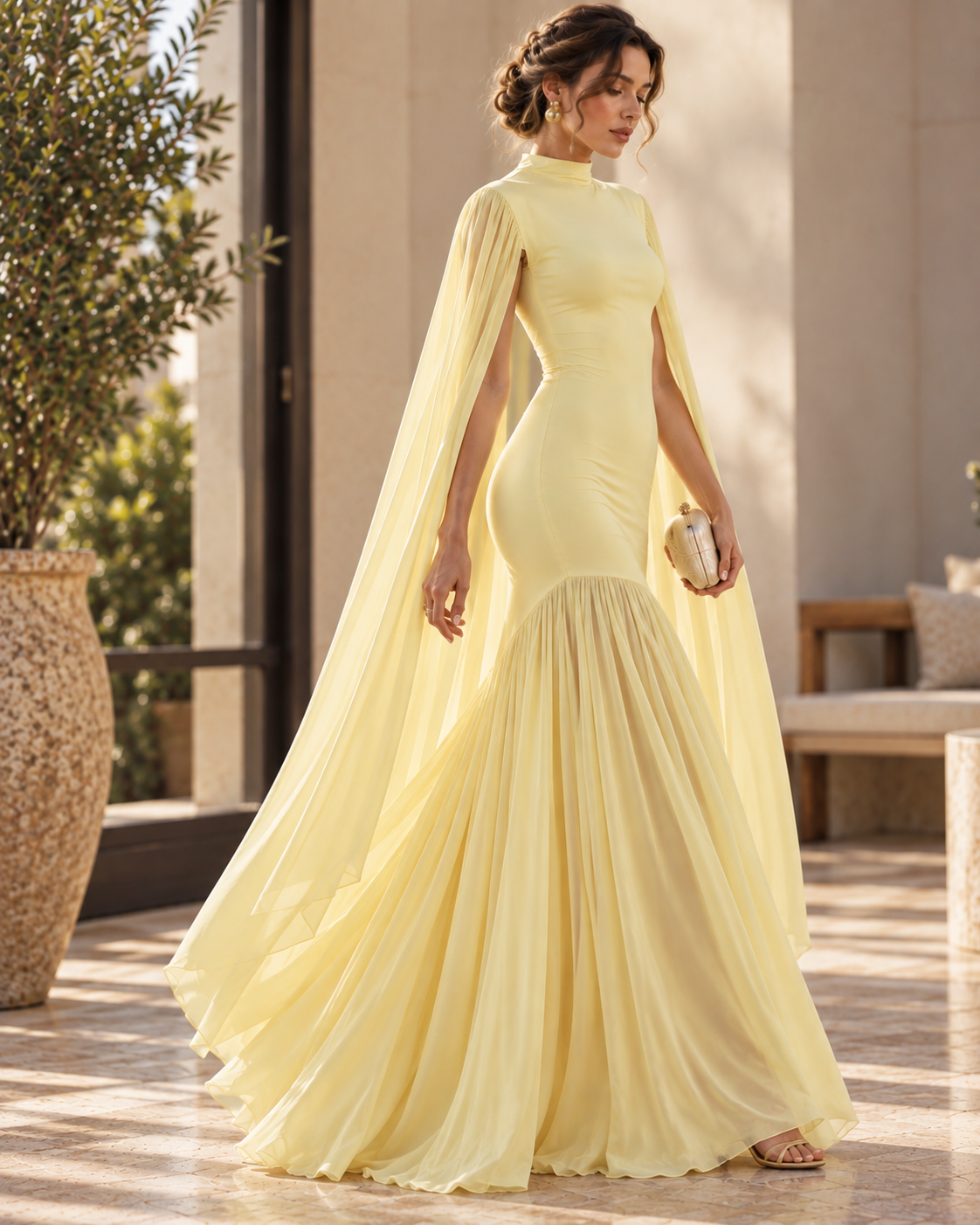 Women’s yellow cape sleeve evening gown with a fitted bodice, high neckline, flowing floor-length skirt and pleated drape, designed as an elegant formal dress for weddings, receptions and evening events.