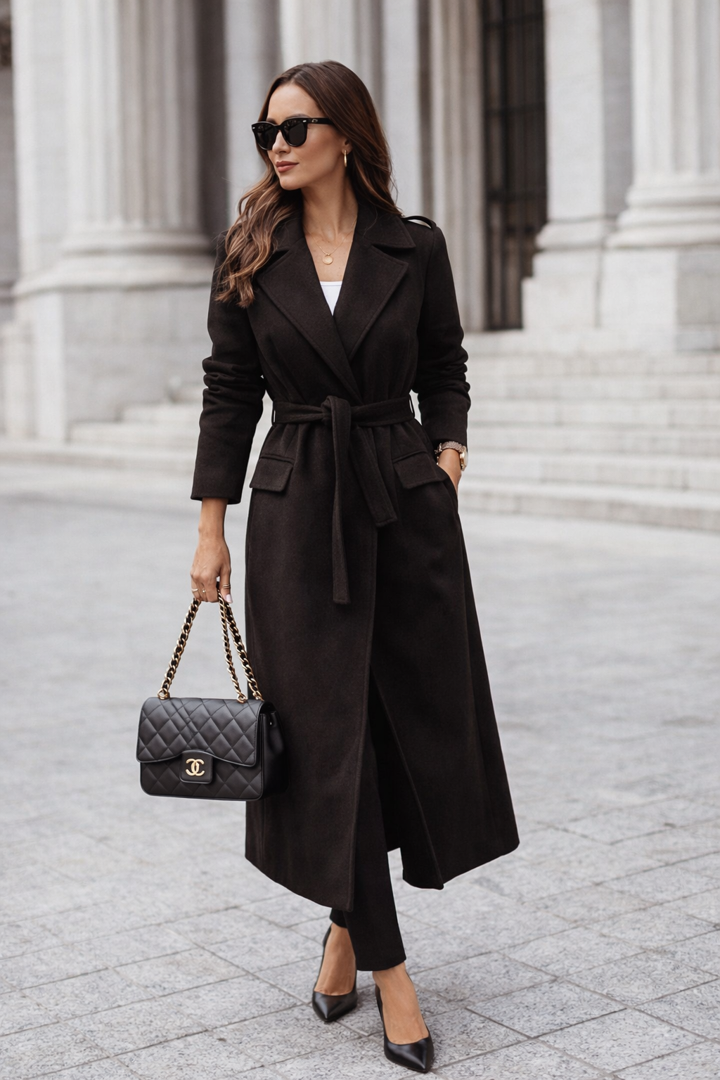 Women’s black wool blend wrap coat with adjustable tie belt and structured mid-calf fit, designed for office wear, commuting, and polished everyday layering.