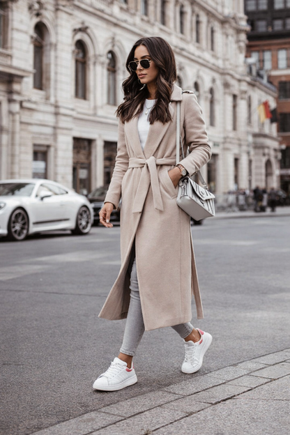 Women’s wool blend wrap coat in khaki with tie waist and mid-calf length, featuring a clean lapel design and tailored silhouette, ideal for workwear and business casual outfits.