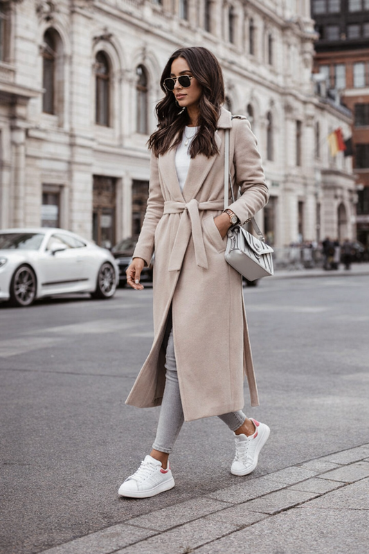 Women’s wool blend wrap coat in khaki with tie waist and mid-calf length, featuring a clean lapel design and tailored silhouette, ideal for workwear and business casual outfits.