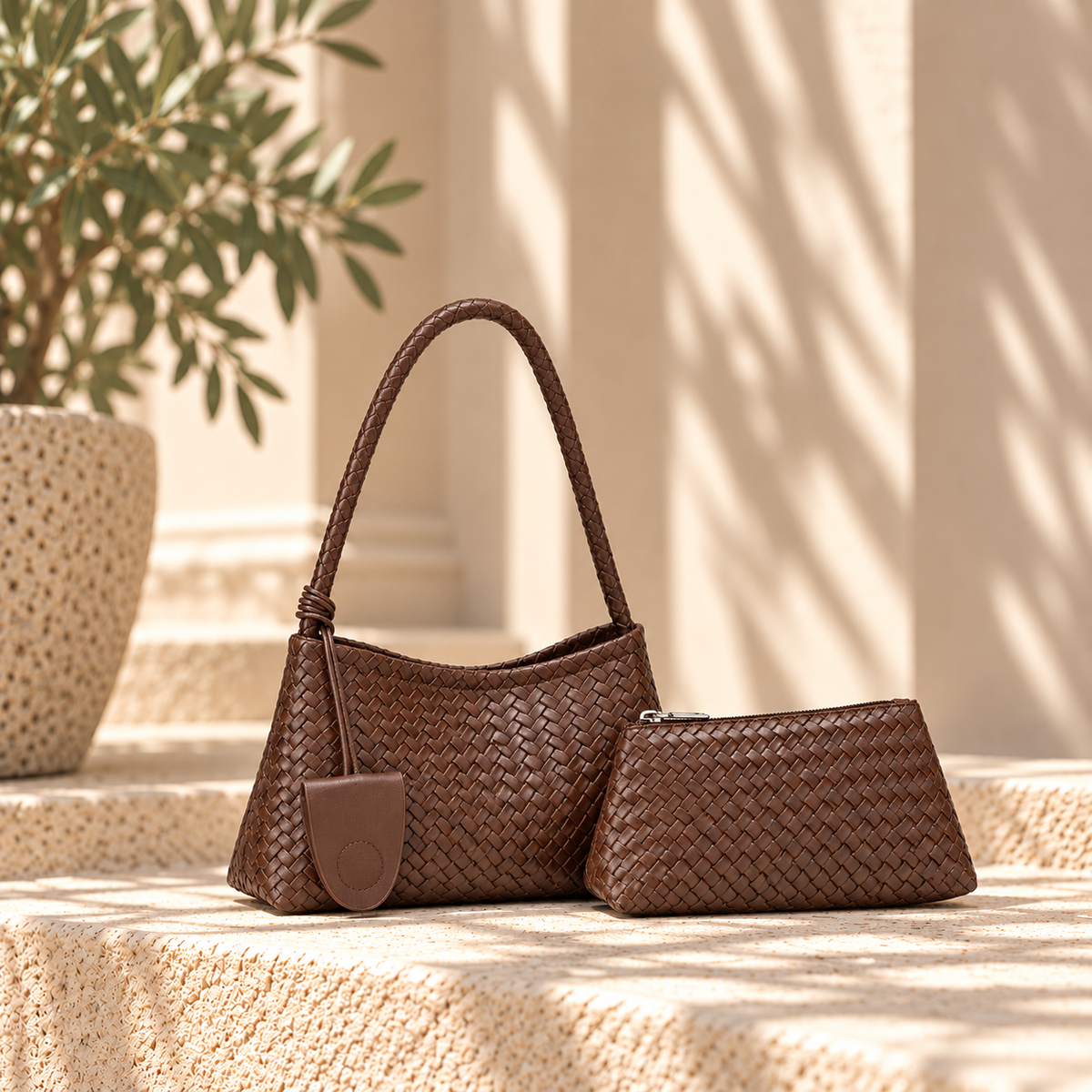 Faux leather woven shoulder bag and pouch set. Brown woven shoulder bag for women with a relaxed hobo silhouette, intricate basket weave texture and braided strap, styled as a textured handbag with matching zip pouch for polished office outfits and everyday city dressing.