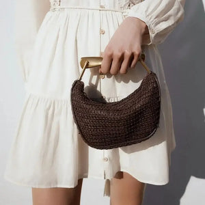 Woven bucket bag, summer straw purse with metal sculptural handle, evening soiree handbag, lightweight casual chic look.