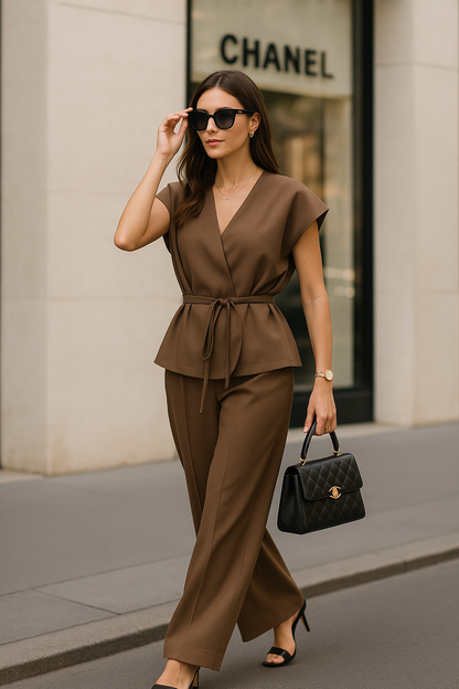 chocolate brown pantsuit women, Wrap Tie-Belt Vest Top & Trousers, Wide leg pant set women in chocolate brown, belted top for waist-cinched fit, stylish two piece pants set women outfit for business casual workwear pant set women styling and travel chic, best wide leg pantsuit for tall women, 