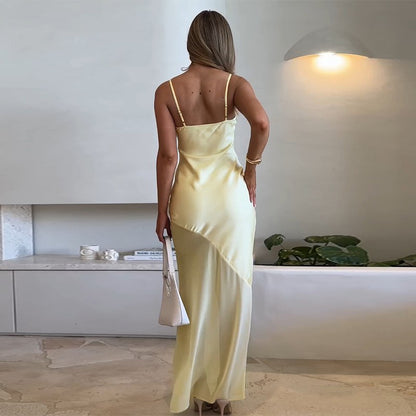 Yellow Satin Maxi Dress with Mesh Panels, mesh dress, long maxi dress, maxi sundress, beach maxi dress, long maxi cocktail dress, gorgeous maxi gown, party dresses, party dresses for women, cocktail dresses for wedding, cocktail attire women.