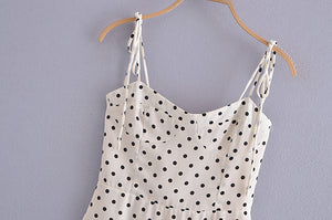 Spring Women Polka Dot Printed Waist-Controlled Tied Spaghetti-Strap Dress