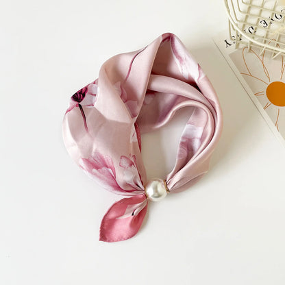 Women's faux silk neck scarf with a magnetic pearl closure, ideal for business casual outfits, tailored blazers, white shirts, and polished office wardrobe styling.