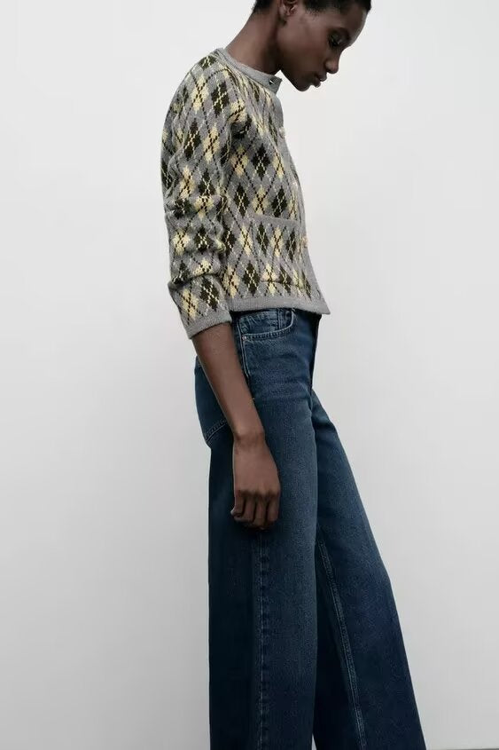 Aida Grey Argyle Cardigan | Cropped Button-Up Knit Cardigan|  Gold Button Layering Cardigan