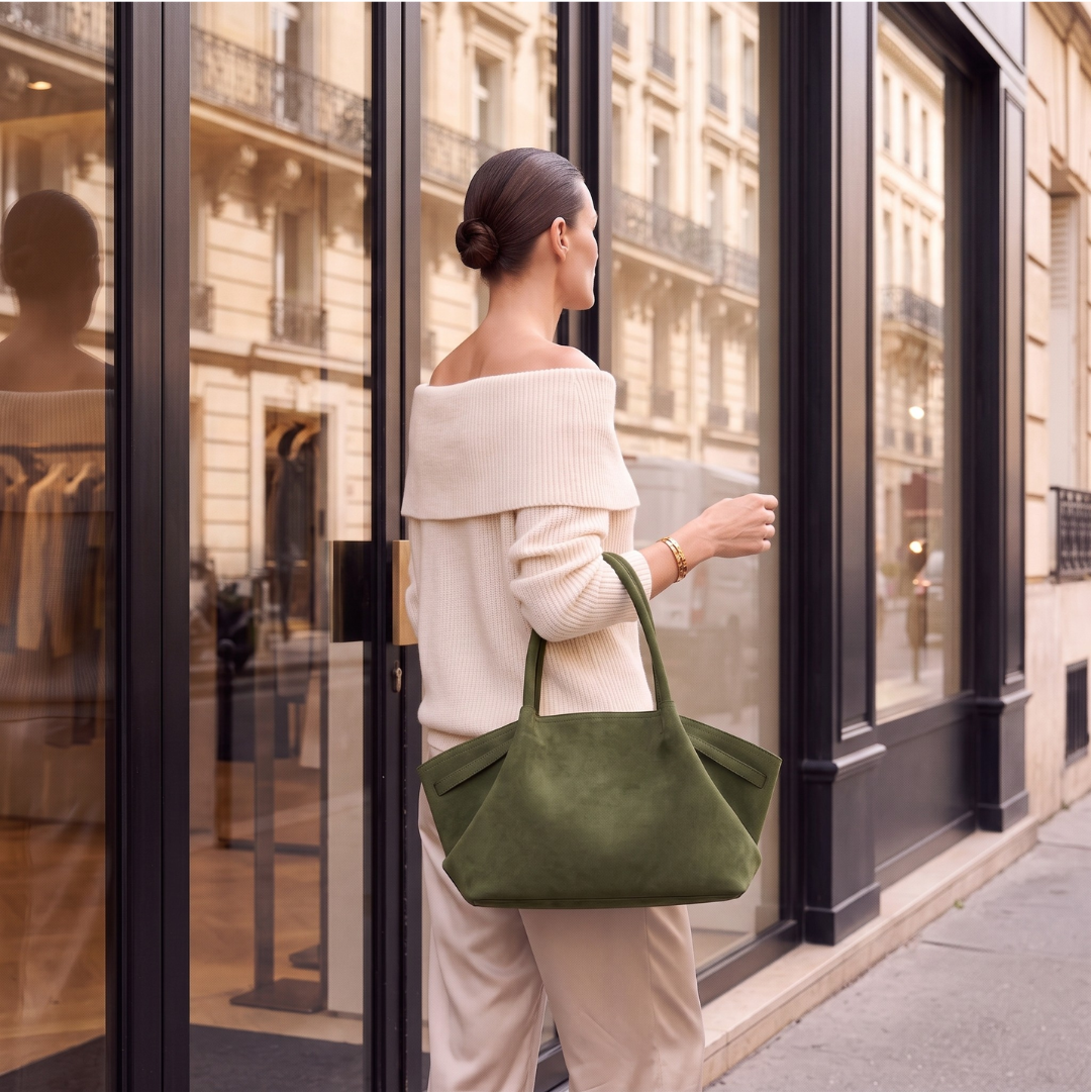 Shoulder tote bag women with an elegant minimalist tote bag women silhouette, faux suede body, spacious interior, and decorative side belts, ideal for a coffee date tote bag or errands.