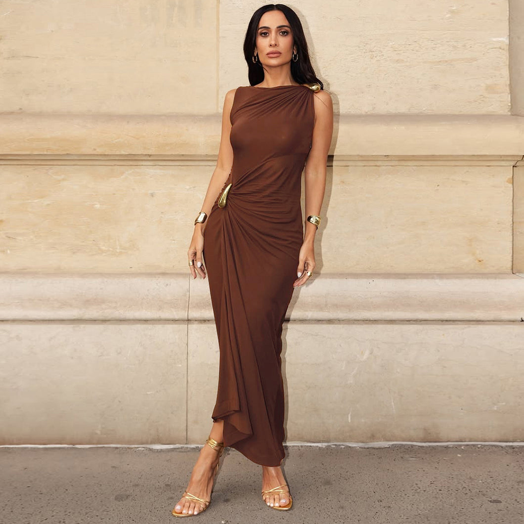 pleated draped maxi dress, Chocolate brown draped maxi dress for women featuring a gold ring detail, asymmetric hem, and elegant boat neckline, a quiet luxury formal gown for weddings or galas, asymmetric evening dress women, gold ring detail maxi dress, draped formal gown women, cocktail party brown dress women.