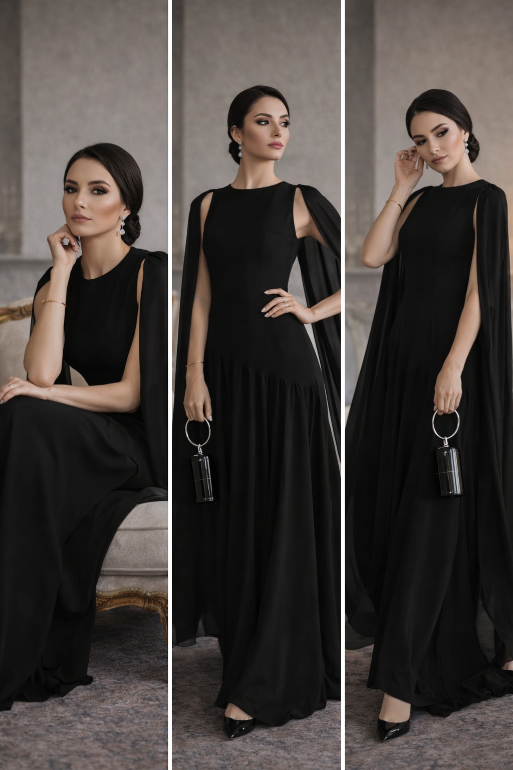 A line skirt gown, black chiffon cape sleeve maxi dress for women featuring flowing A-line silhouette and structured bodice, formal evening gown designed for wedding guests, cocktail receptions, and special events, ruched waist maxi dress, Diagonal asymmetric waist seam ruched texture.