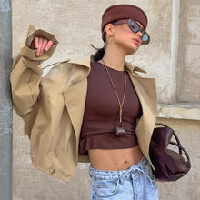 Load image into Gallery viewer, pastel trench coat, belted cropped trench coat, designer dupes trench coat, it girl jackets, cropped trench coat for petite, affordable cropped trench coat under $100, asymmetrical cut cropped trench coat.