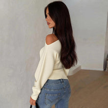Load image into Gallery viewer, autumn brunch outfit, asymmetrical top with off-shoulder neckline, slim tailored blouse for cocktail nights, chic autumn brunch outfit and minimalist Pinterest-inspired styling.