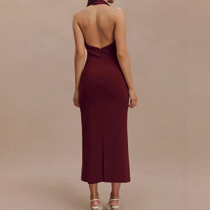 burgundy backless halter midi dress, bodycon midi dress, elegant halter neck dress, burgundy halter dress, burgundy dress, summer backless dress, halter midi dress, formal midi dress, sheath dresses for women, luxury fashion dress, timeless midi dress, backless halterneck midi dress for women.