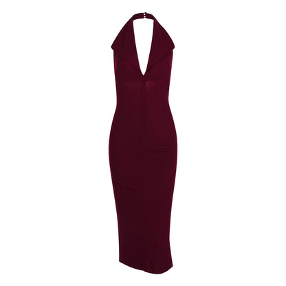 Slay all Day Burgundy Backless Halter Midi Dress | Bodycon Midi Dress | Elegant Halter neck dress