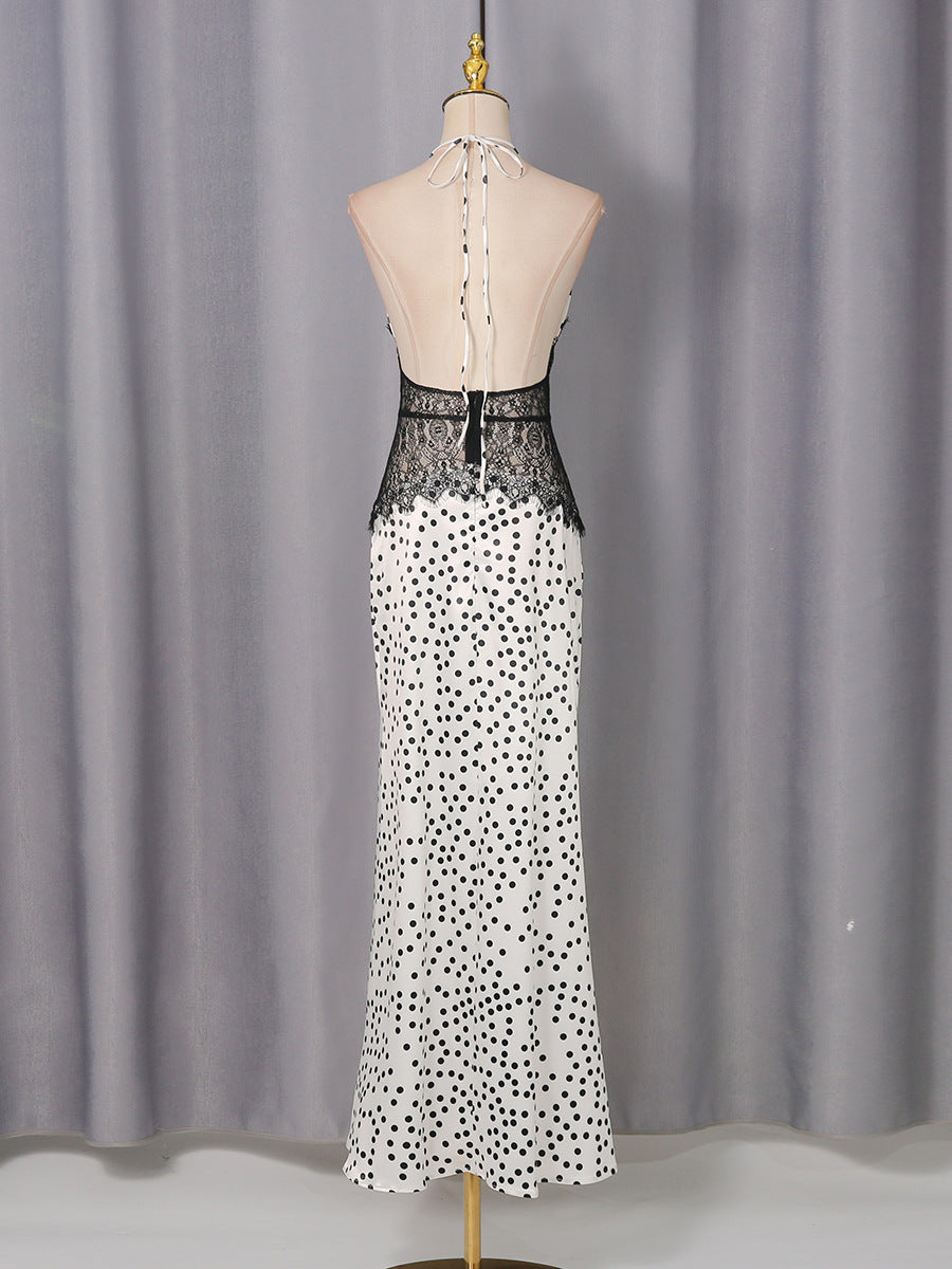 Aurora Elegant White & Black Polka Dot Halter Maxi Dress – Lace Corset Waist Open-Back Wedding Guest & Cocktail Party Dress