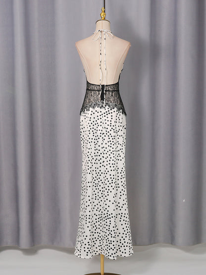 Aurora Elegant White & Black Polka Dot Halter Maxi Dress – Lace Corset Waist Open-Back Wedding Guest & Cocktail Party Dress