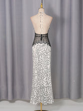 Load image into Gallery viewer, Aurora White Black Polka Dot Lace Corset Waist Halter Open-Back Maxi Dress - for wedding guests, cocktail and evenings parties