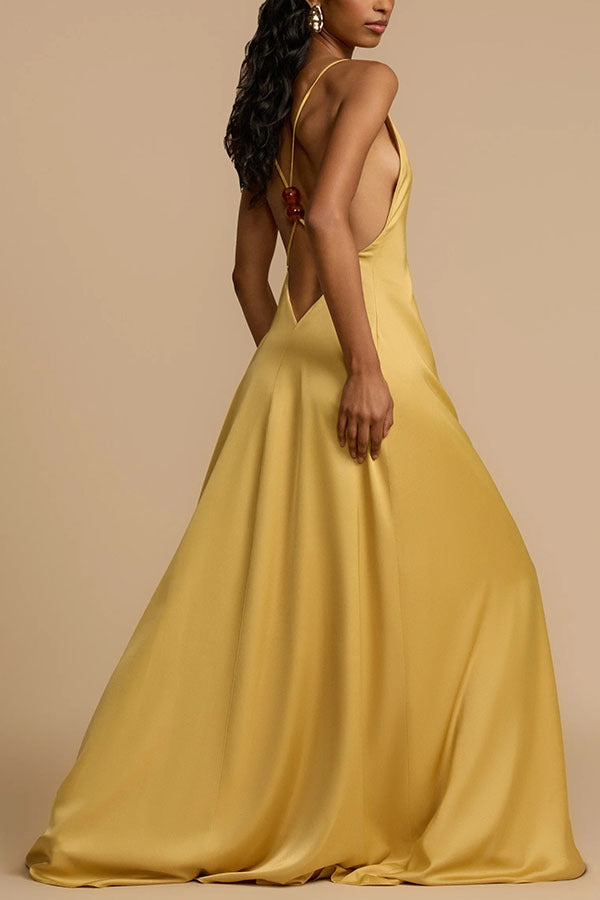 Seraphine Gold Satin Plunging V-Neck Maxi Dress | Flowy, Backless Long Maxi for Weddings, Cocktail Parties & Summer Getaways S / Gold Seraphine Gold Satin Plunging V-Neck Maxi Dress | Flowy, Backless Long Maxi for Weddings, Cocktail Parties & Summer Getaways S / Gold