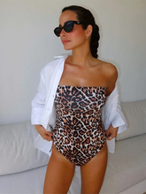 Load image into Gallery viewer, bandeau swimsuit one piece, strapless bandeau one piece swimsuit, One Piece Swimsuit, Animal Print Bikini,leopard print bandeau swimsuit, bandeau monokini, strapless one-piece swimsuit, leopard print swimwear, vacation-ready swimwear, poolside glam, trendy summer outfit.