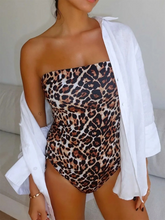 Load image into Gallery viewer, bandeau swimsuit one piece, strapless bandeau one piece swimsuit, One Piece Swimsuit, Animal Print Bikini,leopard print bandeau swimsuit, bandeau monokini, bandeau swimsuits for women, one piece bikini, cute one piece swimsuits, best one piece swimsuit, animal print swimsuit.