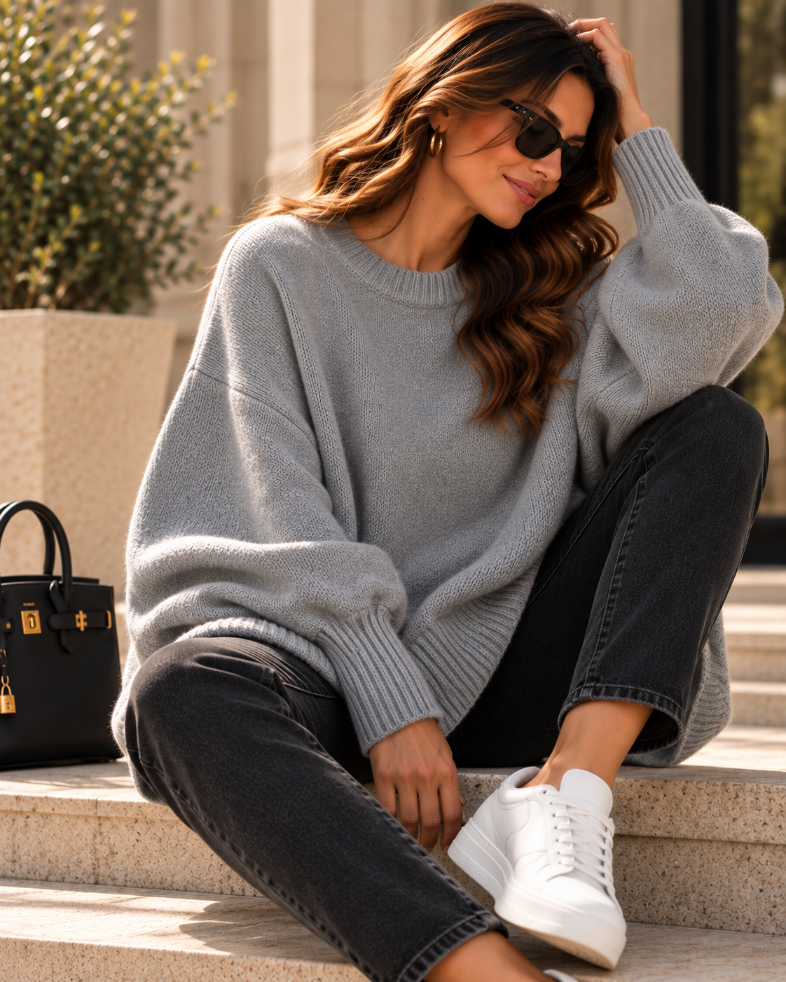 grey ribbed knit sweater women, batwing sleeve tunic sweater, classy fall outfits women, extended flowing hem, wide draped sleeves, ribbed crew neckline and fitted cuffs define this oversized knit, styled as a quiet luxury fall sweater for polished seasonal dressing.