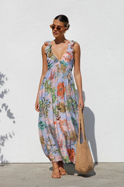 Best summer dresses for women US, ruffle maxi summer sundress, summer floral maxi sundress, floral maxi dress, flowy maxi dress, Beachwear dress for women, Spring floral dress , Lightweight summer dress, Feminine floral fashion , resort wear maxi dress. 