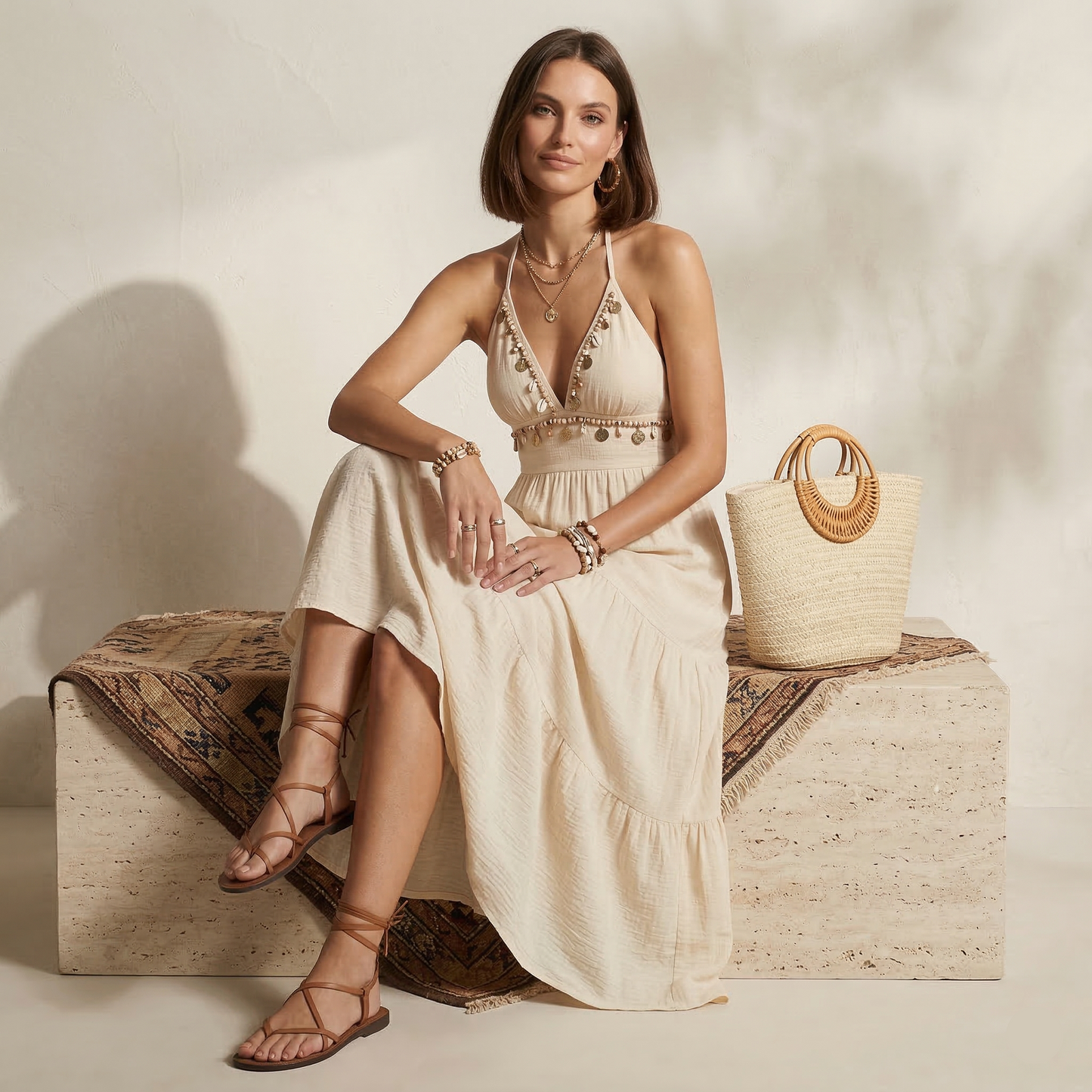 beige bohemian halter maxi dress, tiered smocked waist maxi dress, spring summer beach maxi dress, spring summer boho maxi dress, ruffled tiered halterneck maxi dress, smocked waist maxi, beach vacation tiered maxi dress, deep V halter smocked maxi, plunging v neck halter maxi dress.