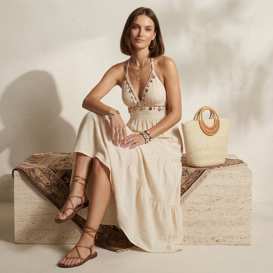 beige bohemian halter maxi dress, tiered smocked waist maxi dress, spring summer beach maxi dress, spring summer boho maxi dress, ruffled tiered halterneck maxi dress, smocked waist maxi, beach vacation tiered maxi dress, deep V halter smocked maxi, plunging v neck halter maxi dress.