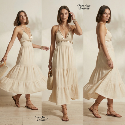 beige bohemian halter maxi dress, tiered smocked waist maxi dress, open back halter tiered maxi, Tiered smocked waist maxi dress with deep V halter neckline and open back design, lightweight tiered boho maxi in beige woven fabric for beach maxi dress vacation halter dress styling.