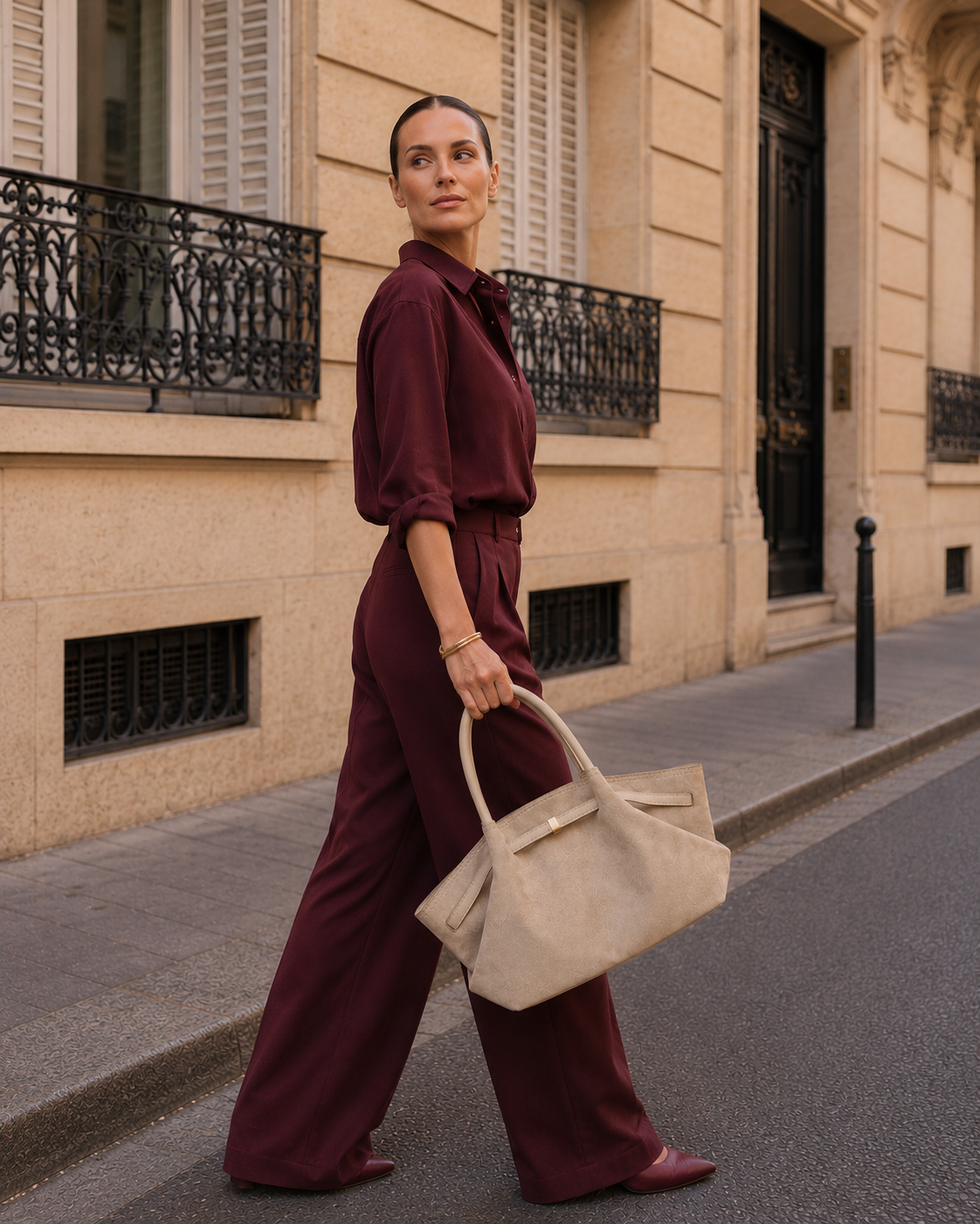 Office work tote bag with a relaxed quiet luxury tote bag profile, soft faux suede finish, long shoulder straps, and spacious laptop compartment for effortless weekday organization.