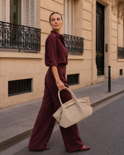Office work tote bag with a relaxed quiet luxury tote bag profile, soft faux suede finish, long shoulder straps, and spacious laptop compartment for effortless weekday organization.