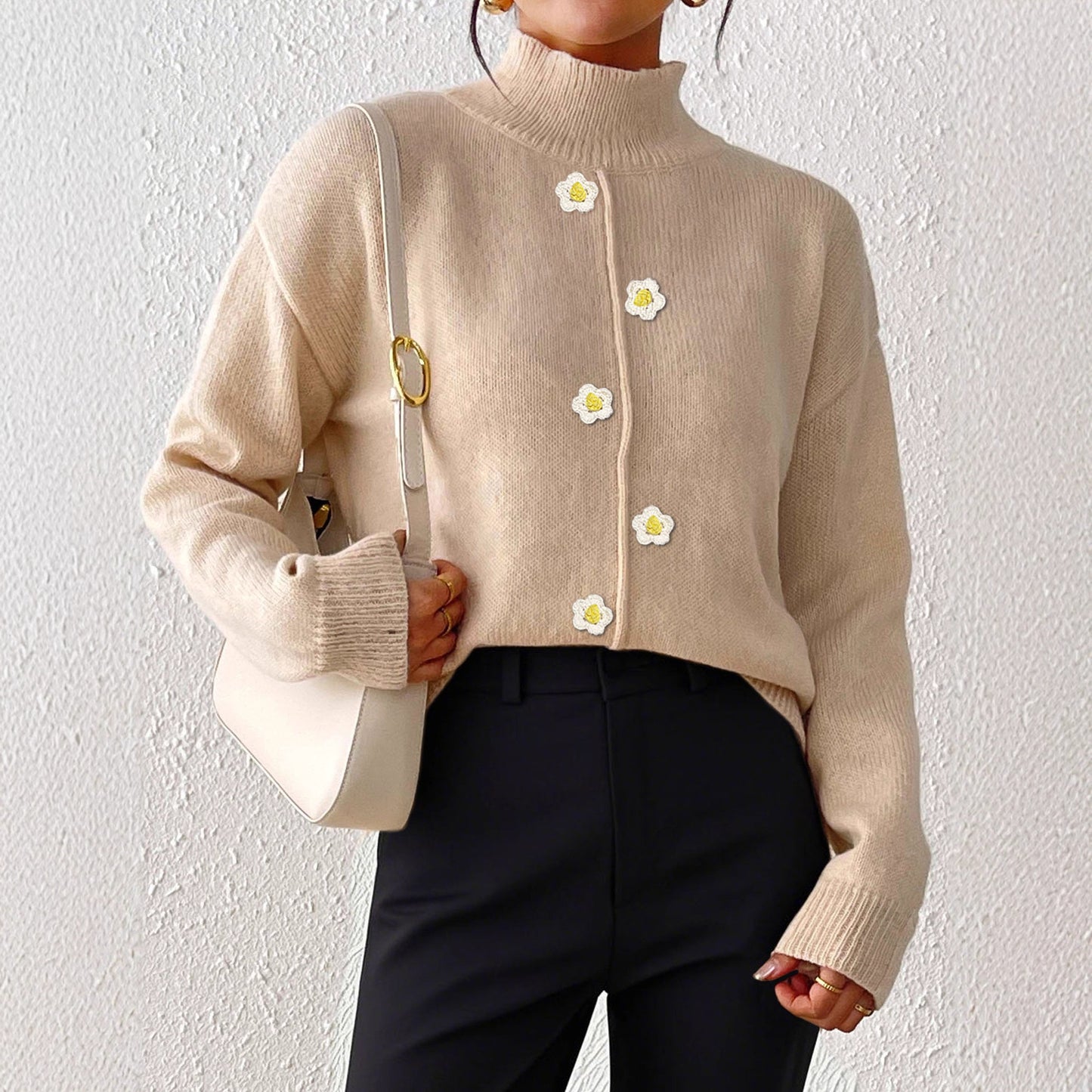 Korean fashion sweater, Beige high-neck wool-blend sweater with daisy buttons, cozy fall knit top for women, soft girl aesthetic outfit, quiet luxury sweater perfect for winter layering and casual workwear, soft girl aesthetic sweater.