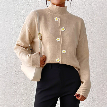 Korean fashion sweater, Beige high-neck wool-blend sweater with daisy buttons, cozy fall knit top for women, soft girl aesthetic outfit, quiet luxury sweater perfect for winter layering and casual workwear, soft girl aesthetic sweater.