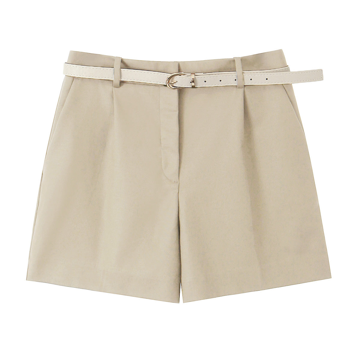Women's tailored belted shorts with wide-leg silhouette, chic pleated poly-cotton fabric, classy office to weekend outfit, casual travel shorts, perfect minimalist summer fashion piece, pleated wide-leg belted shorts for women in beige, beige tailored shorts. 