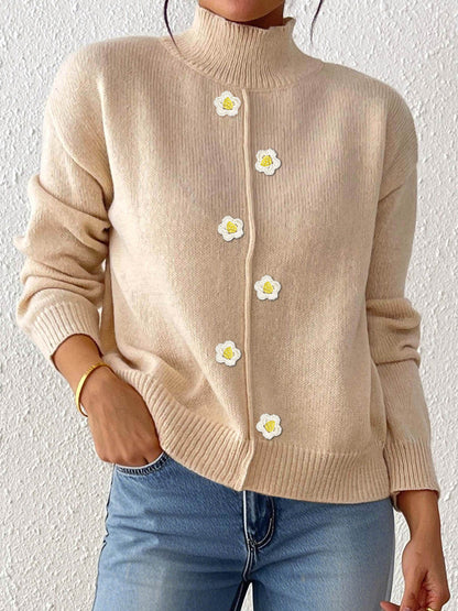 cozy workwear sweaters, wool blend sweater, cute sweaters for fall, Mock neck beige knit sweater with floral daisy buttons, soft cozy fall sweater for women, Pinterest-style winter outfit aesthetic, warm wool blend top for everyday wear.